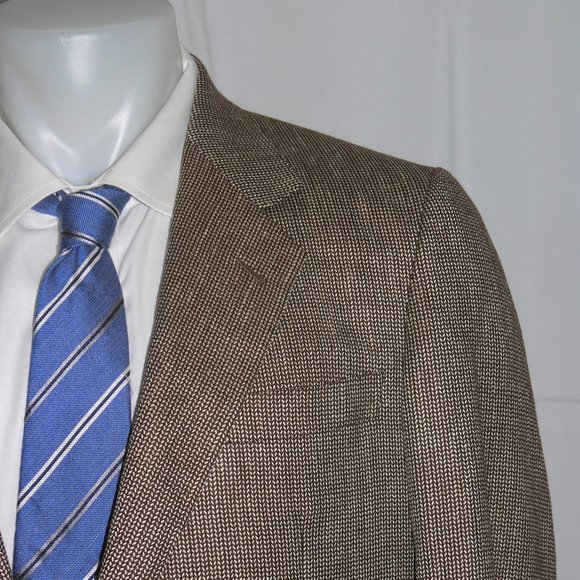 Brioni Roman Style Brown Chevron Vintage Silk Blend Two Button Blazer 42R